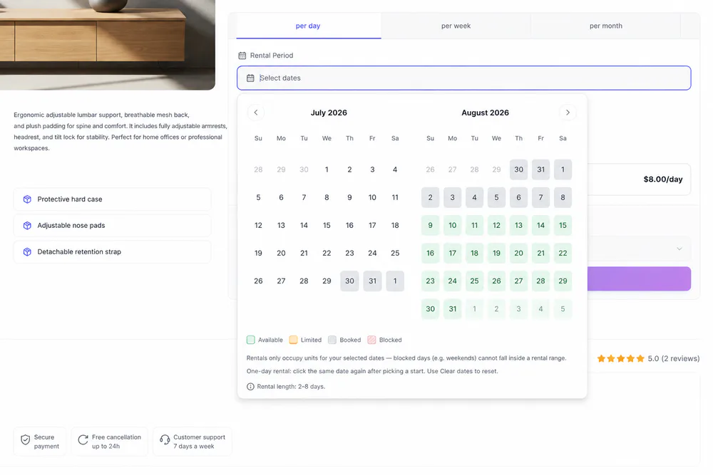 Storefront availability calendar