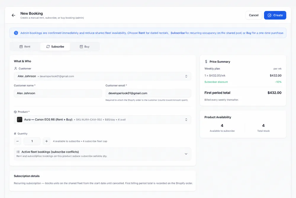 Admin New Booking in Subscribe mode