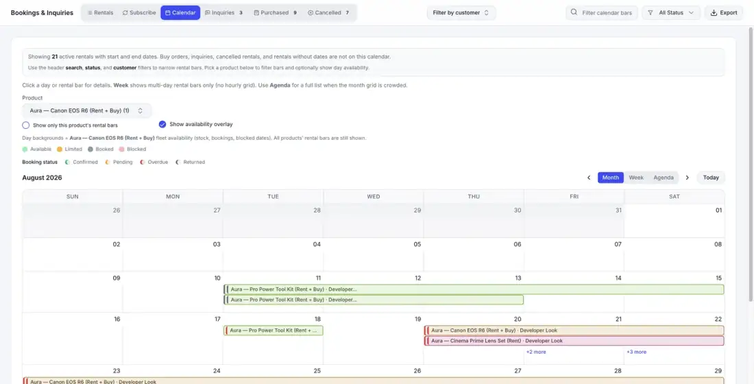 Bookings and Inquiries calendar for August 2026 with rental bars and an availability overlay