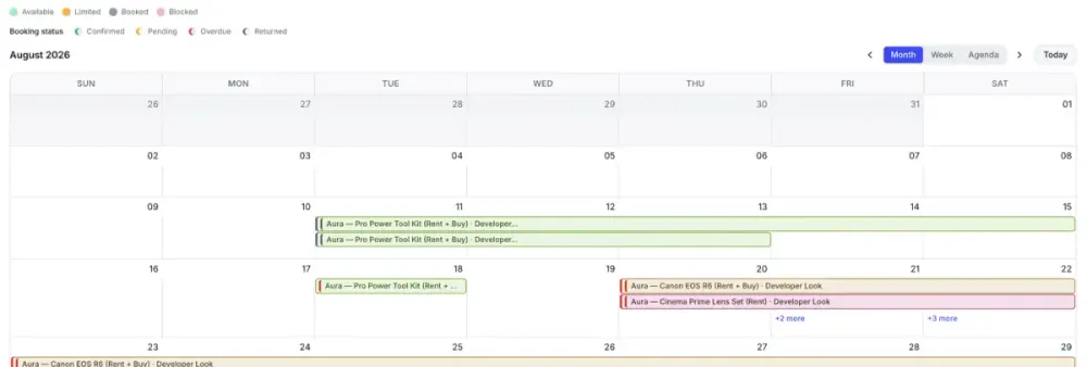 Bookings calendar month view with rental bars for several products and the availability legend