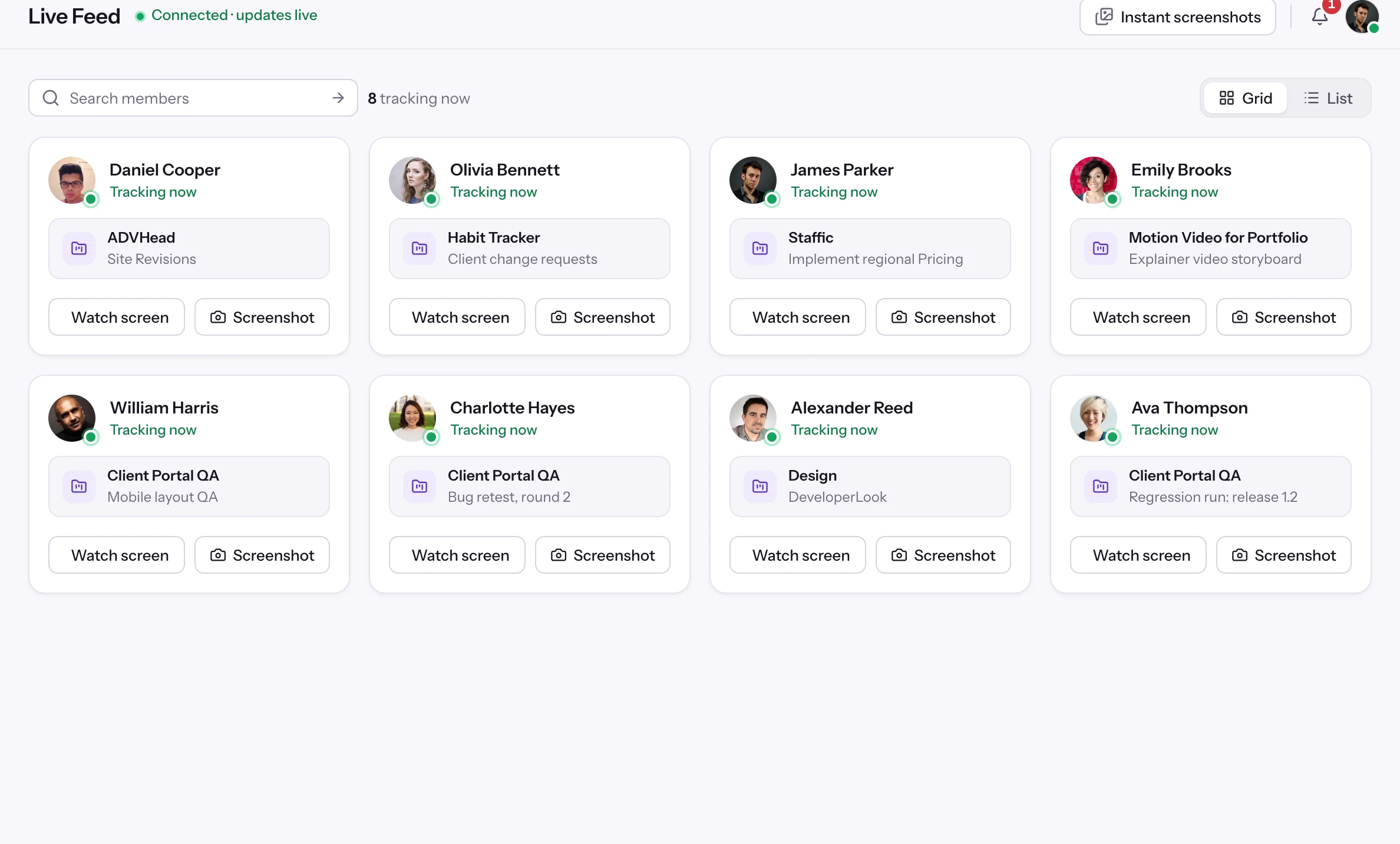 Staffic Live Feed: 8 members tracking now, each with project, task and Watch screen and Screenshot buttons