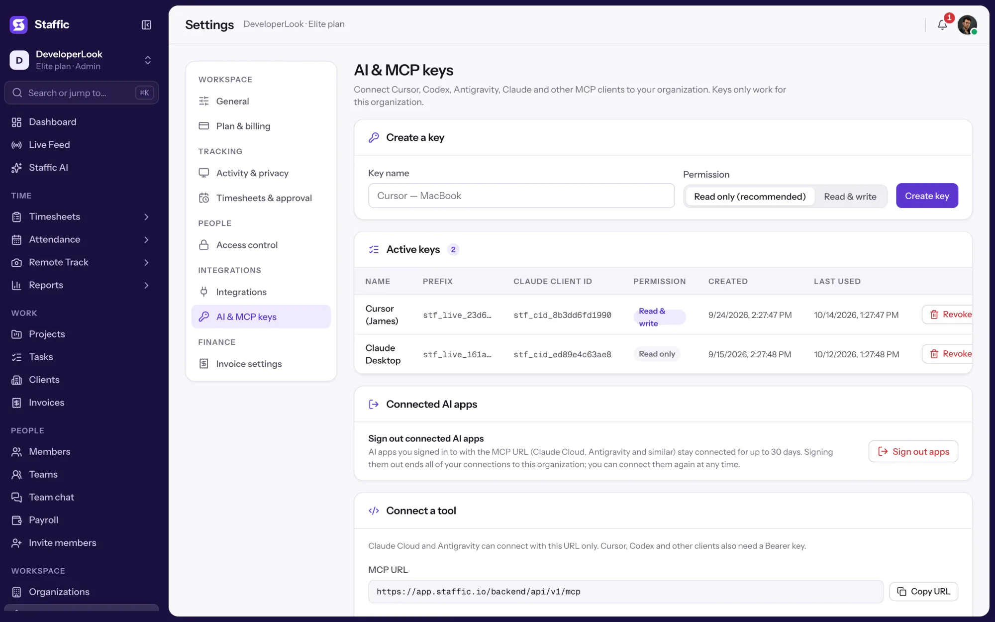 AI & MCP keys: create a key, active keys Cursor (James) read and write and Claude Desktop read only, connected AI apps