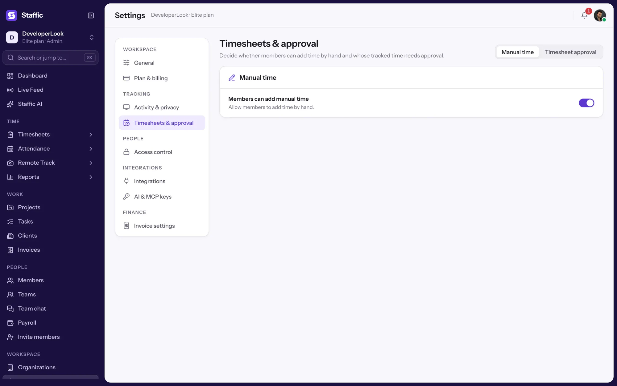 Timesheets & approval, Manual time tab: Members can add manual time switched on