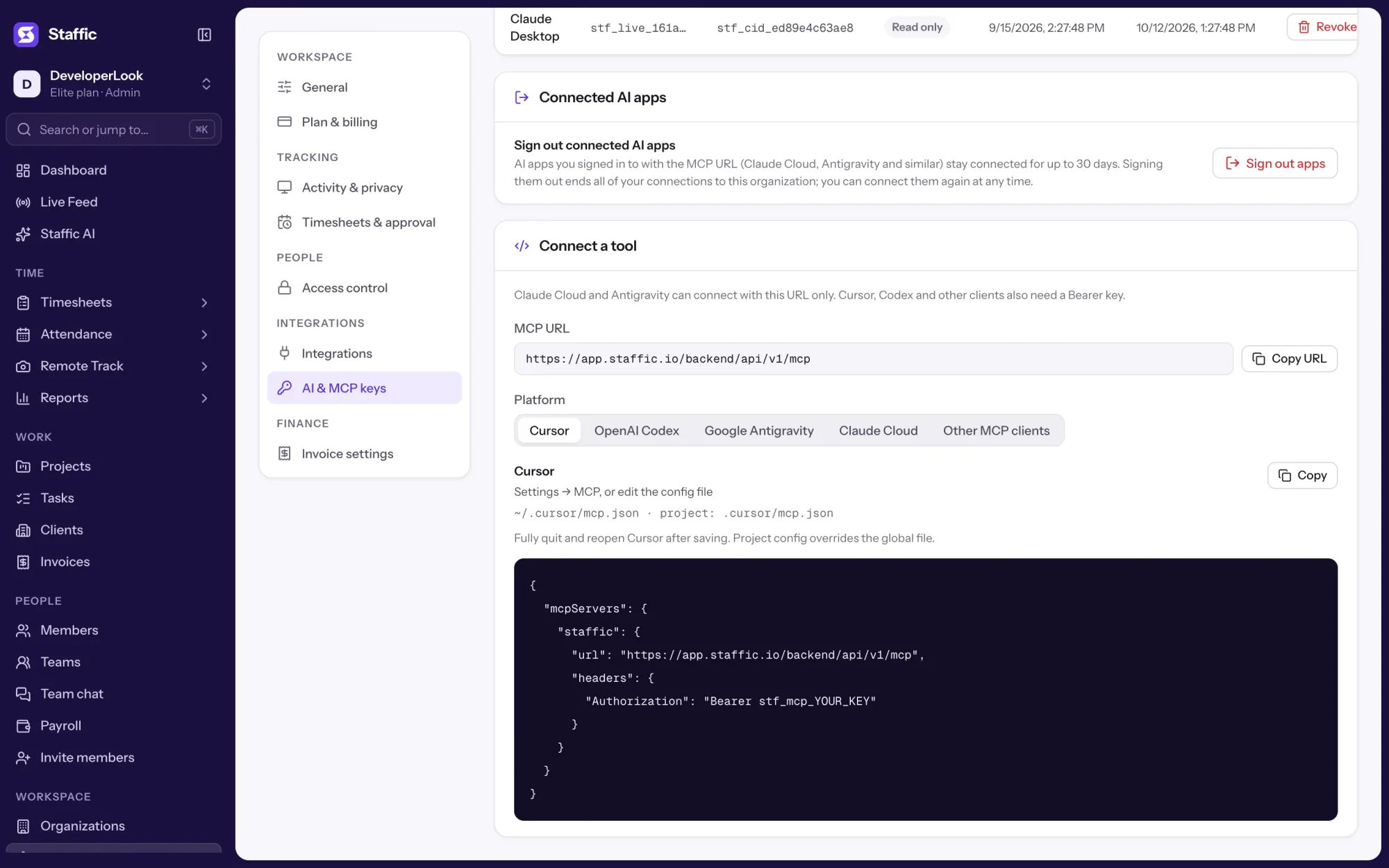Connect a tool: the Staffic MCP URL, a platform list and the Cursor config with a key placeholder
