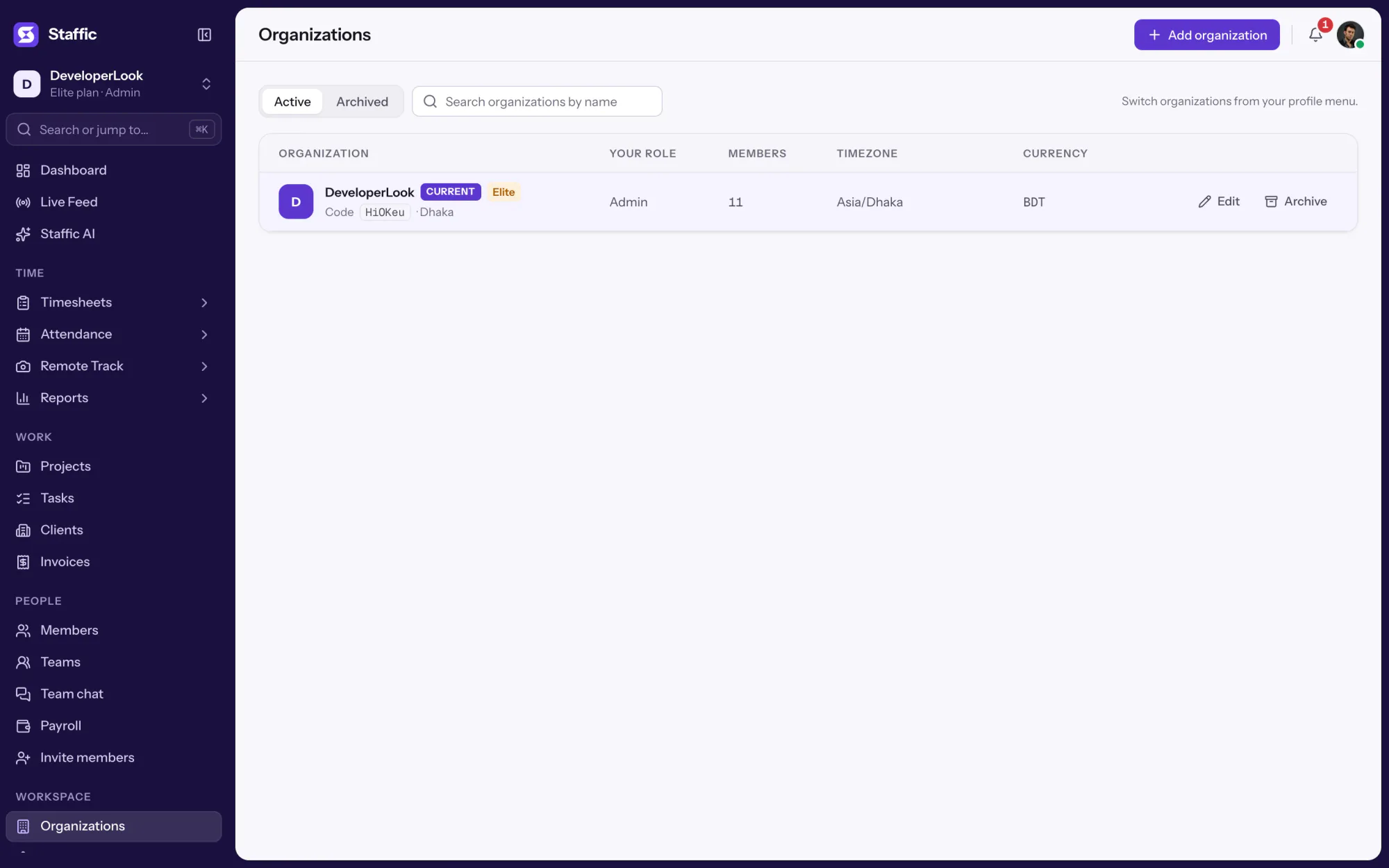 Staffic Organizations: DeveloperLook on the Elite plan, your admin role, 11 members, Asia/Dhaka and BDT