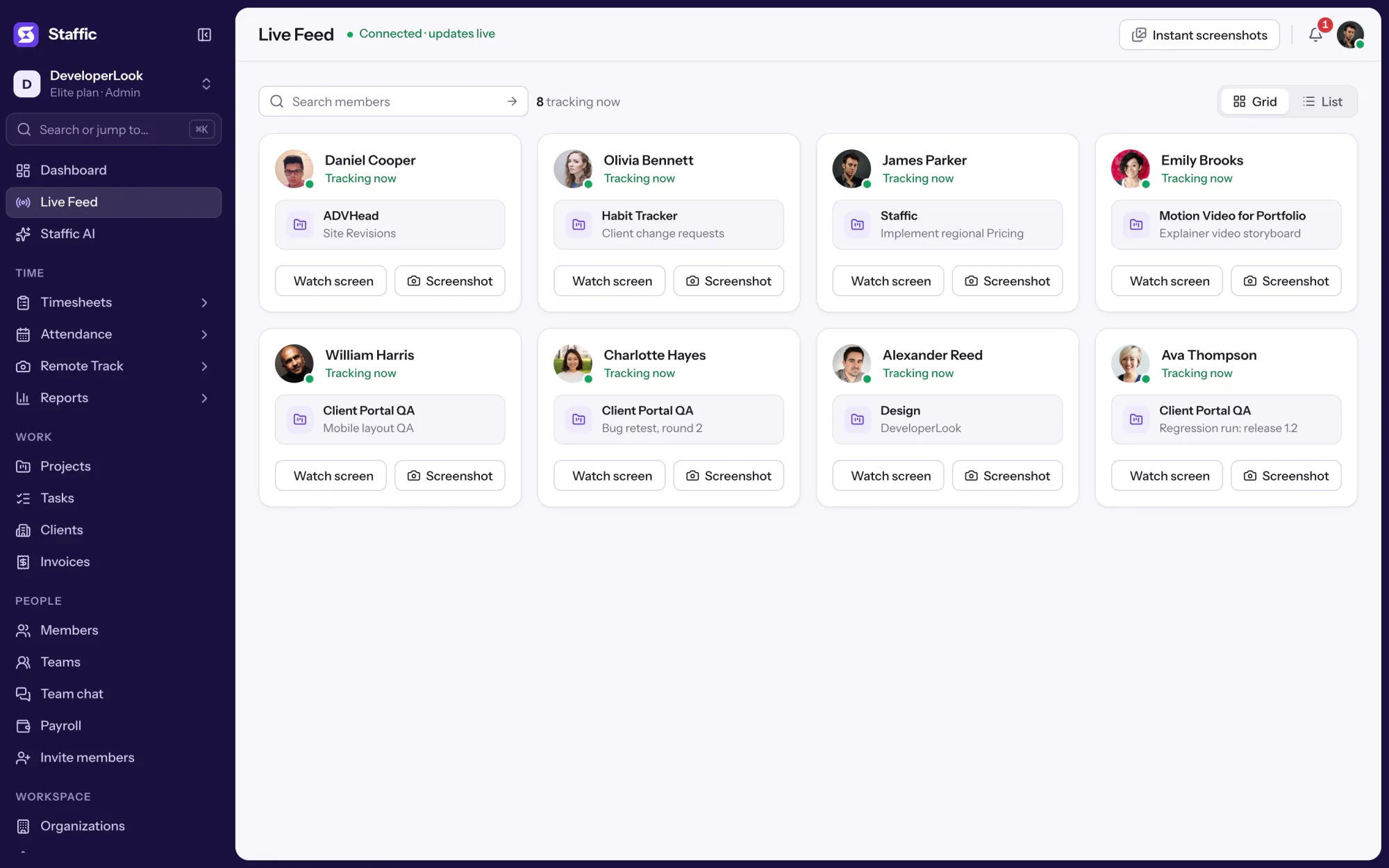 Live Feed: 8 members tracking now, each card with project, task, Watch screen and Screenshot