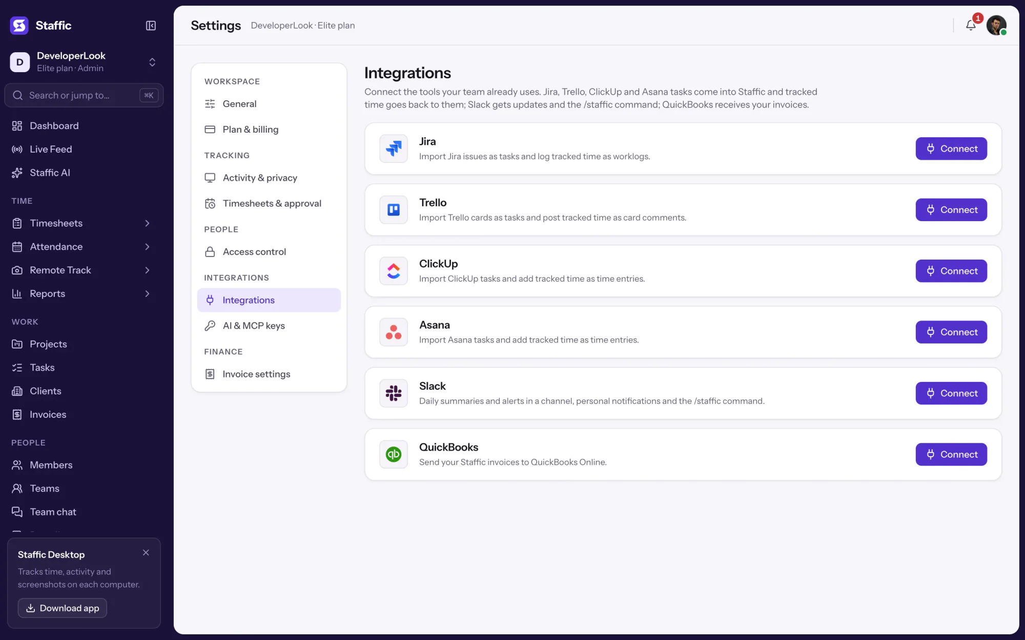 Staffic Settings > Integrations: Jira, Trello, ClickUp, Asana, Slack and QuickBooks cards, each with a Connect button