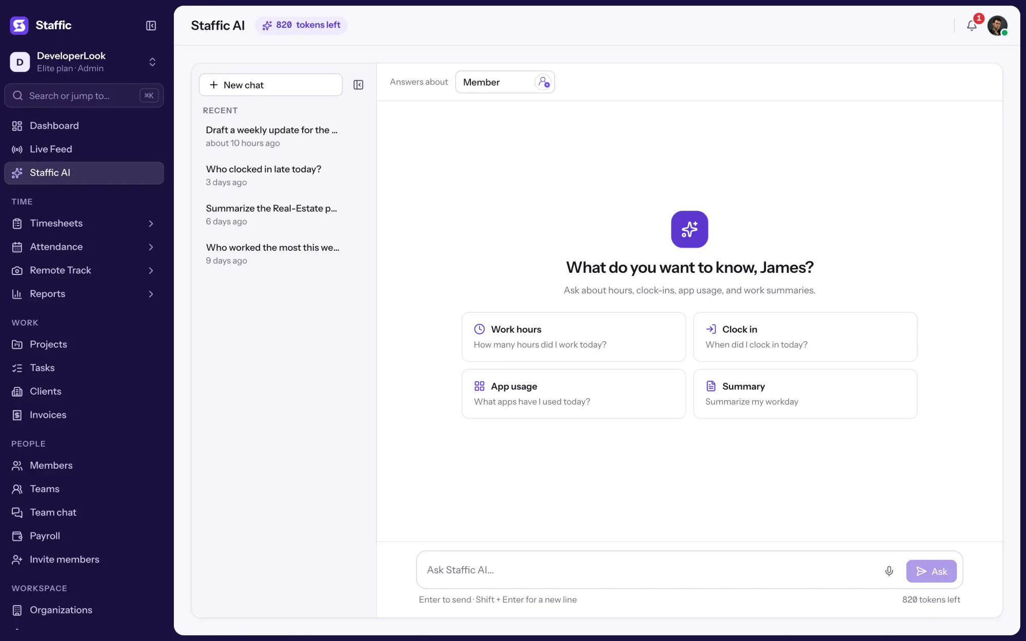 Staffic AI with 820 tokens left: four suggested questions and recent chats