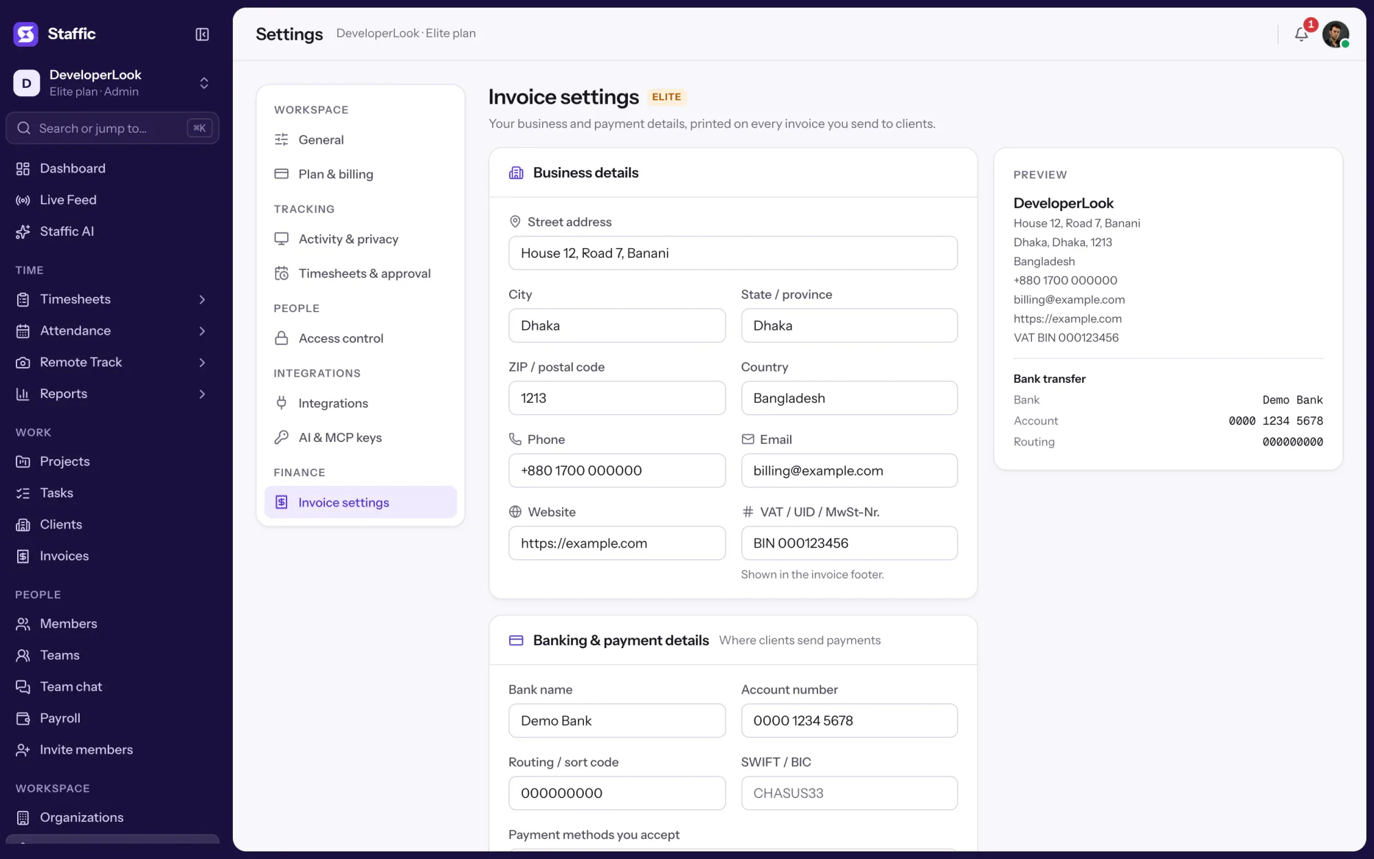 Staffic Invoice settings: business address, phone, email, website and VAT number, with a live preview