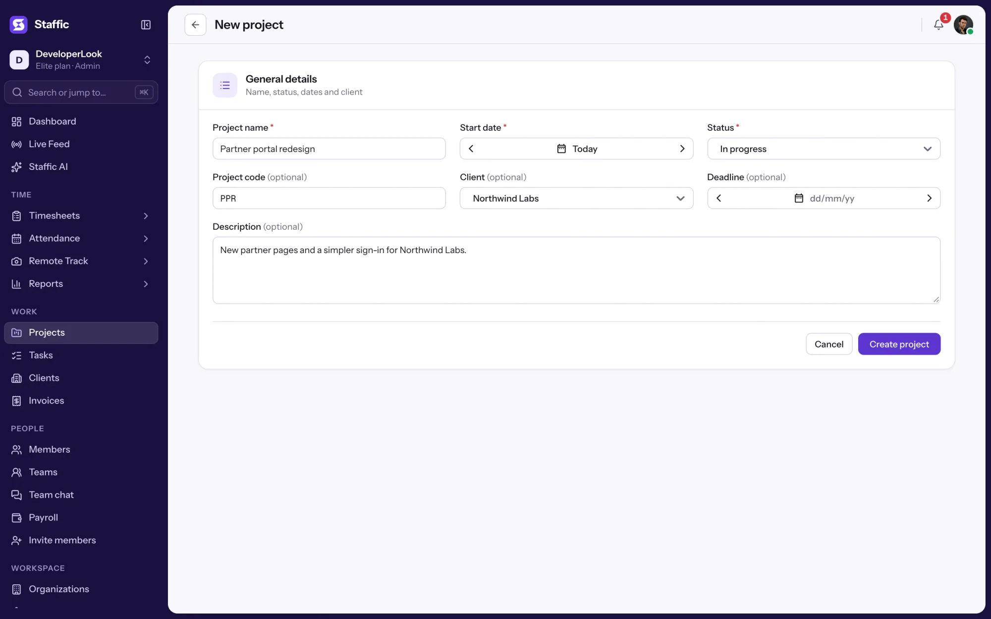 Staffic New project filled in: Partner portal redesign, In progress, code PPR, client Northwind Labs