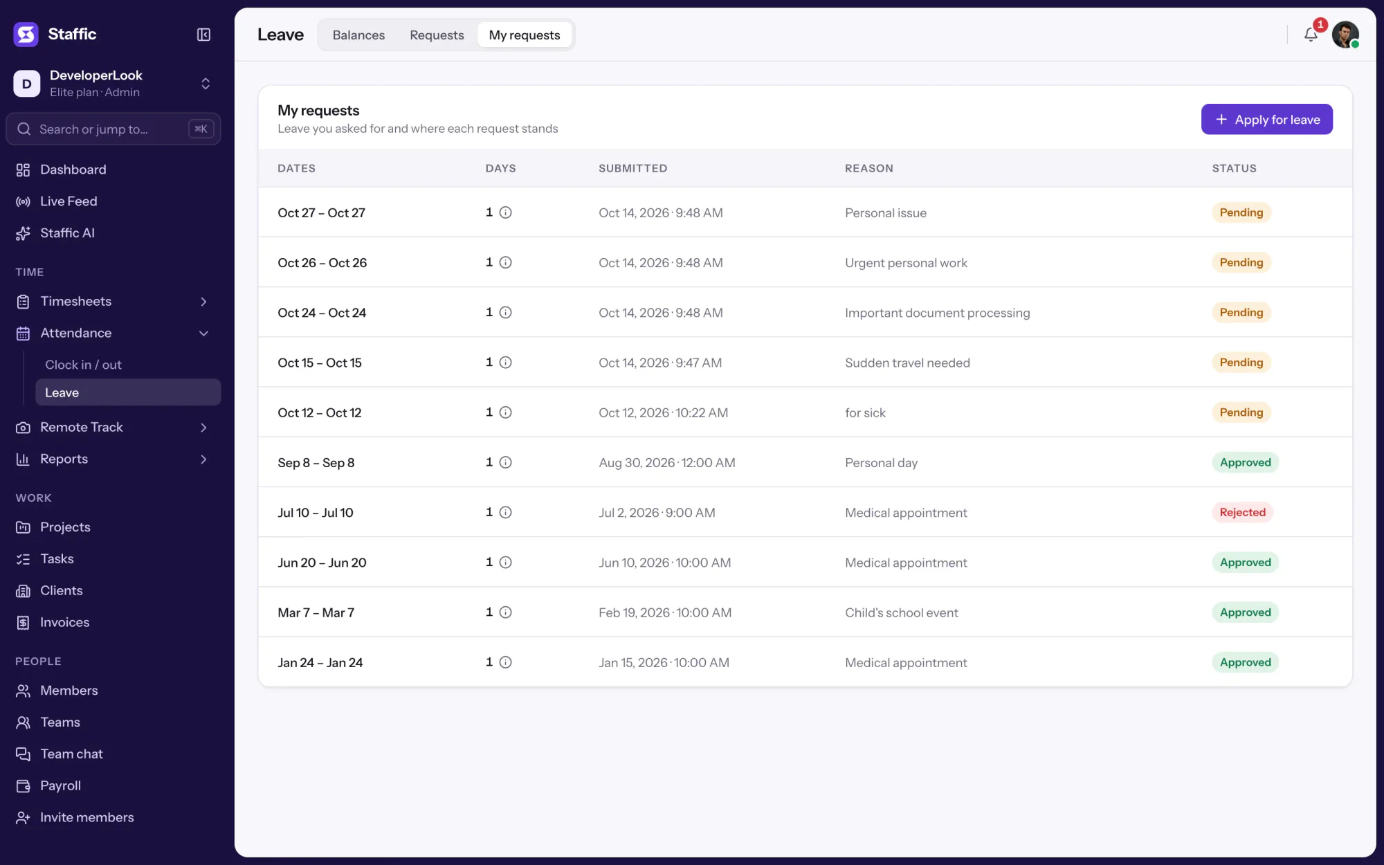 Staffic Leave, My requests tab: your own requests with dates, days, reason, status and Apply for leave
