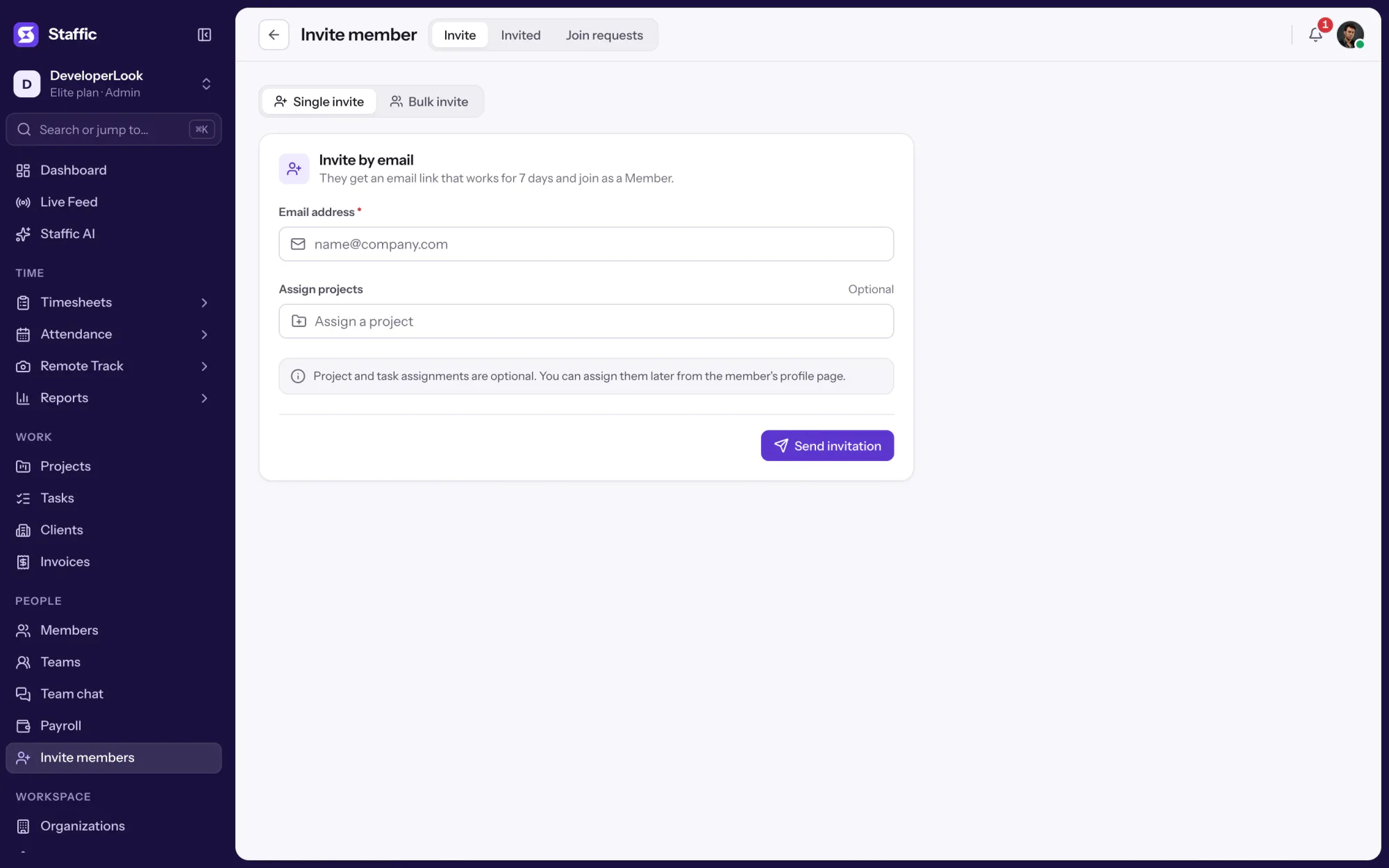 Invite member: invite by email, with optional projects; the link works for 7 days