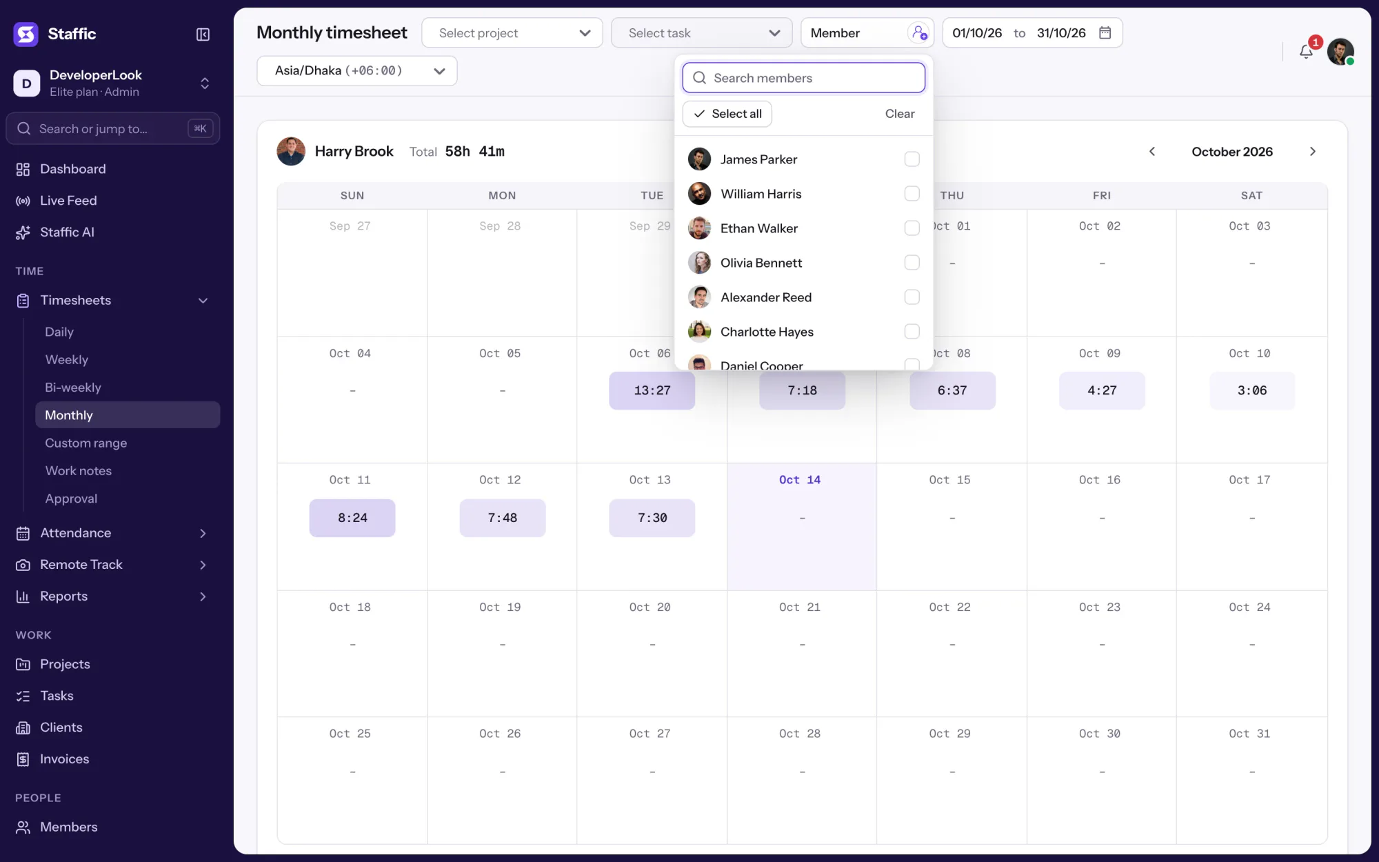 Staffic Monthly timesheet Member picker with search and Select all over Harry Brook's October calendar
